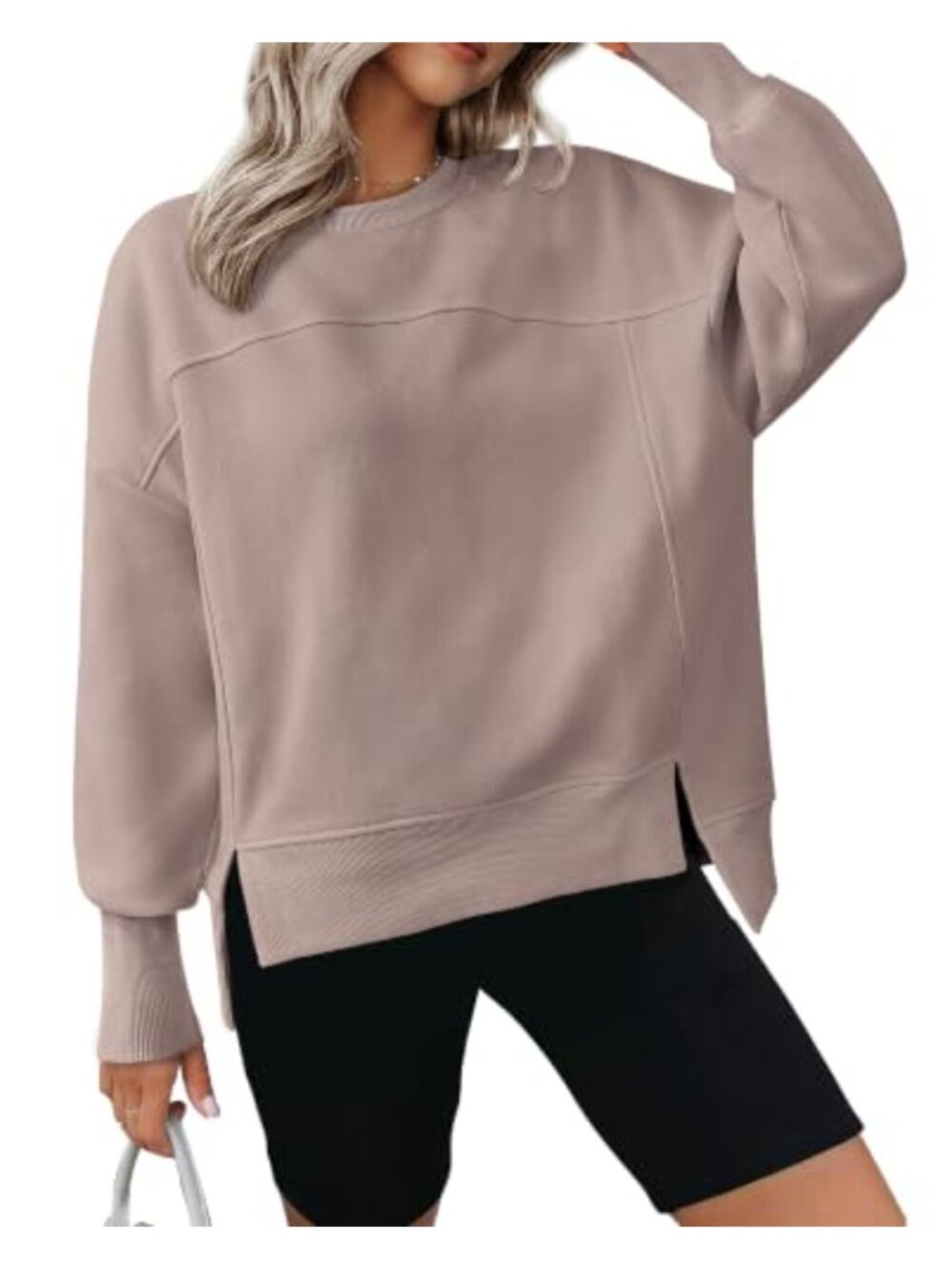 Crewneck Sweatshirt Long Sleeve Side Slit Asymmetrical Hem Casual Top